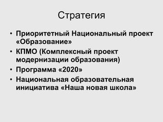 Стратегия Приоритетный Национальный проект «Образование» КПМО (Комплексный проект модернизации образования) Программа «2020» Национальная образовательная инициатива «Наша новая школа» 