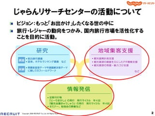じゃらんリサーチセンターの活動について
ビジョン：もっと「お出かけ」したくなる世の中に
旅行・レジャーの動向をつかみ、国内旅行市場を活性化する
ことを目的に活動。




 Copyright 2008 RECRUIT Co.,Ltd. All Rights Reserved   2
 