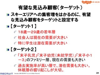 有望な見込み顧客＇ターゲット（
スキーエリアへの集客増をはかるのに、有望
な見込み顧客をターゲットと設定する
【ターゲット１】
        １８歳ー２９歳の若年層
        社会人は現在の需要が大きい
        特に学生は潜在需要が大きい
【ターゲット２】
        「末子乳児」「末子幼児（未就学児）」「末子小１
        －３」のファミリー層、現在の需要も大きい
        過去実施率が高い層で、潜在需要も大きい。
        休眠層の掘り起こしが大切。
 Copyright 2008 RECRUIT Co.,Ltd. All Rights Reserved   21
 