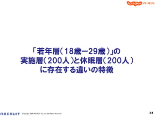 「若年層＇18歳ー29歳（」の
実施層＇200人（と休眠層＇200人（
   に存在する違いの特徴




Copyright 2008 RECRUIT Co.,Ltd. All Rights Reserved   31
 