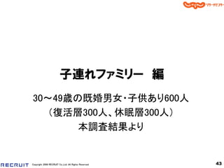 子連れファミリー 編
30～49歳の既婚男女・子供あり600人
   （復活層300人、休眠層300人）
       本調査結果より


Copyright 2008 RECRUIT Co.,Ltd. All Rights Reserved   43
 