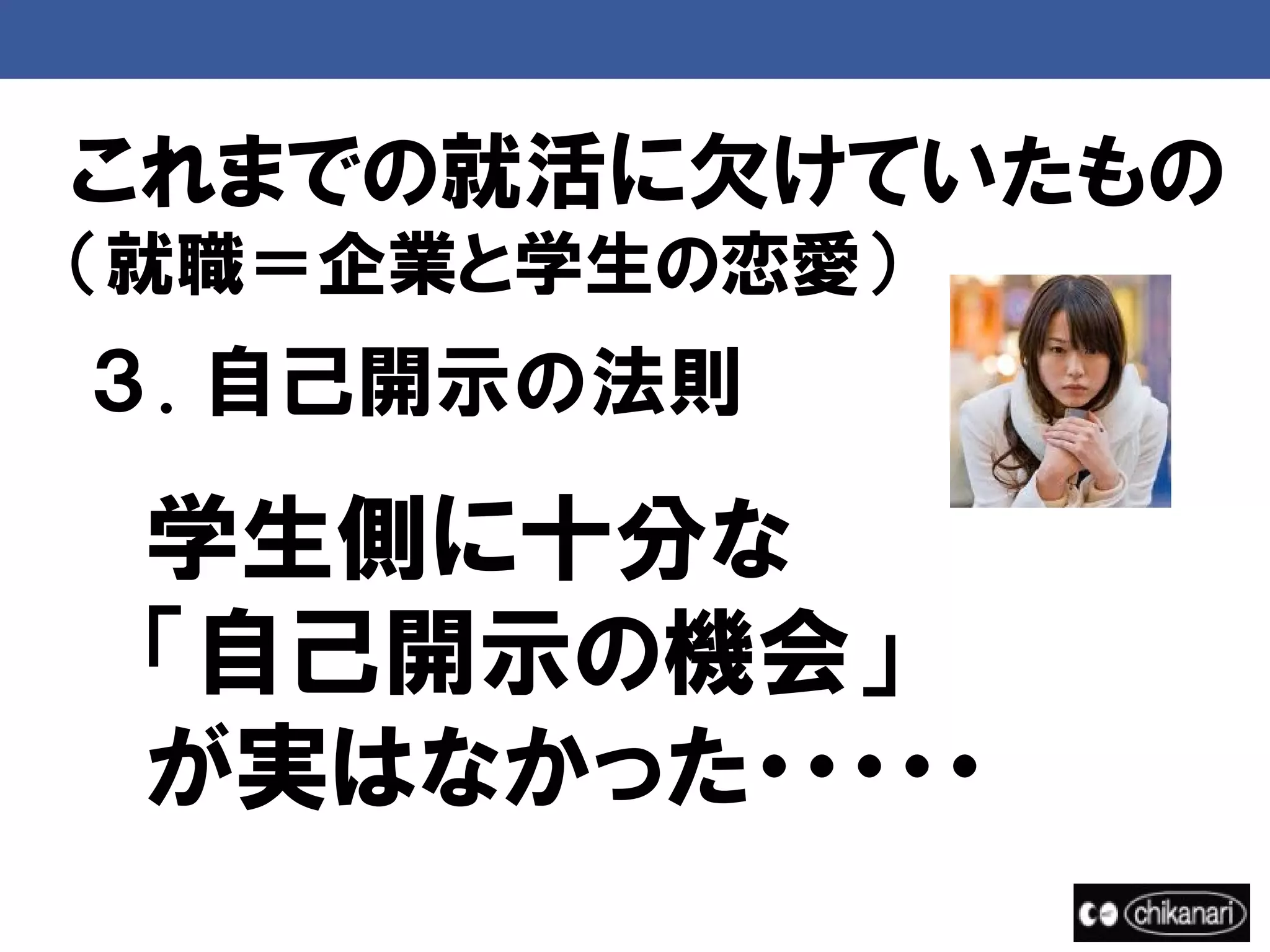 これまでの就活に欠けていたもの
（就職＝企業と学生の恋愛）
３. 自己開示の法則

 学生側に十分な
 「自己開示の機会」
 が実はなかった・・・・・
 