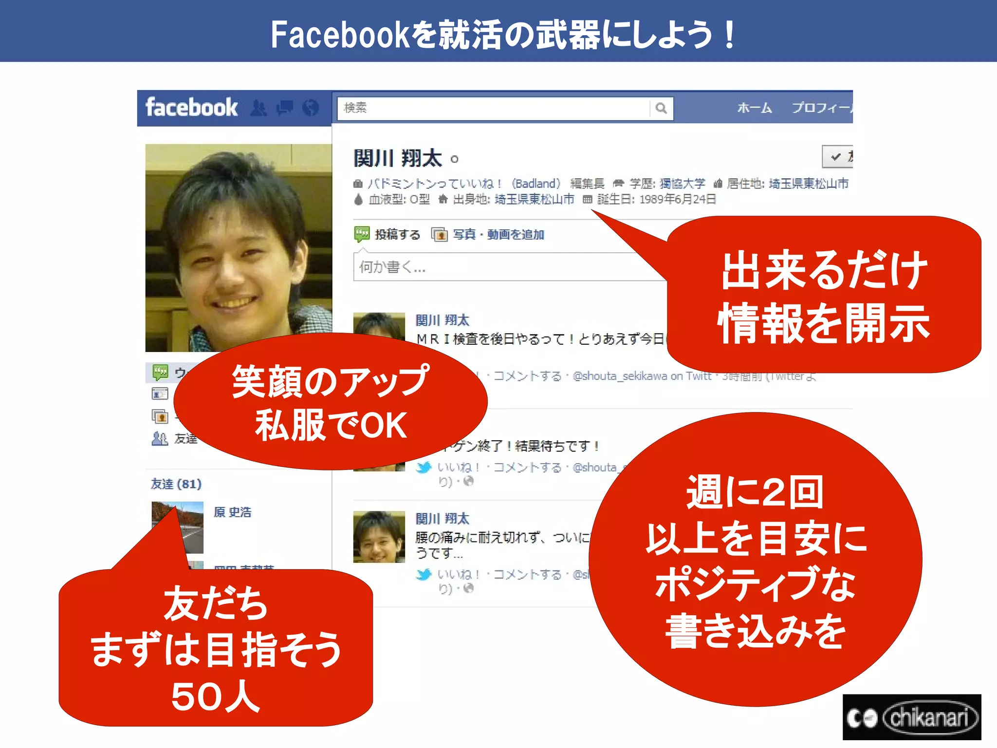 Facebookを就活の武器にしよう！




                      出来るだけ
                      情報を開示
   笑顔のアップ
    私服でOK
                     週に２回
                   以上を目安に
  友だち              ポジティブな
まずは目指そう             書き込みを
  ５０人
 