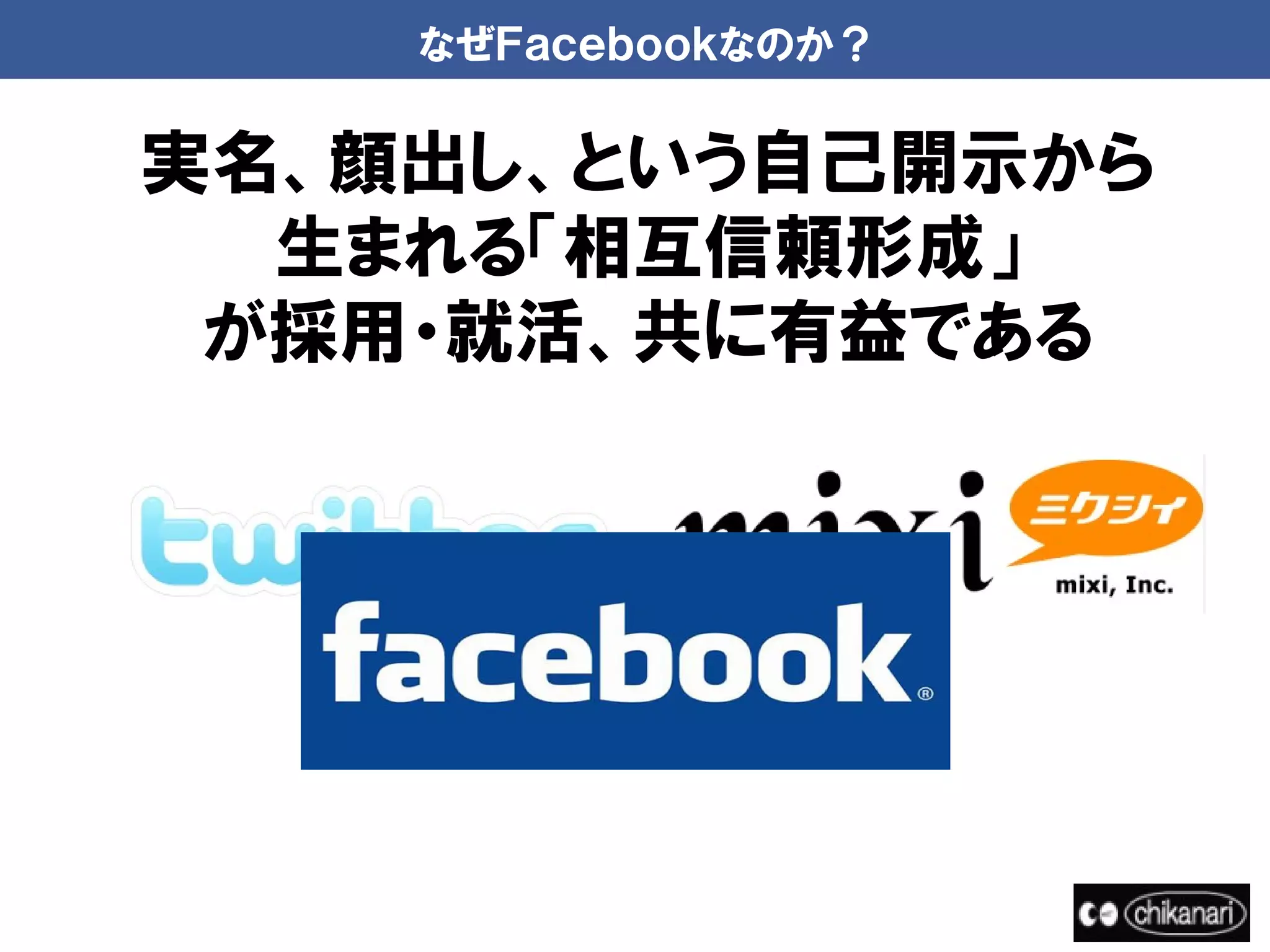 なぜＦａｃｅｂｏｏｋなのか？


実名、顔出し、という自己開示から
  生まれる「相互信頼形成」
 が採用・就活、共に有益である
 