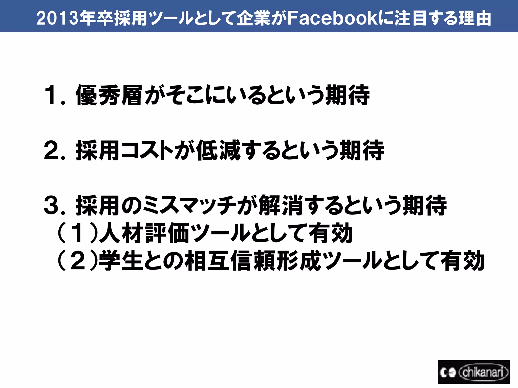 2013年卒採用ツールとして企業がＦａｃｅｂｏｏｋに注目する理由



１．優秀層がそこにいるという期待

２．採用コストが低減するという期待

３．採用のミスマッチが解消するという期待
　（１）人材評価ツールとして有効
　（２）学生との相互信頼形成ツールとして有効
 
