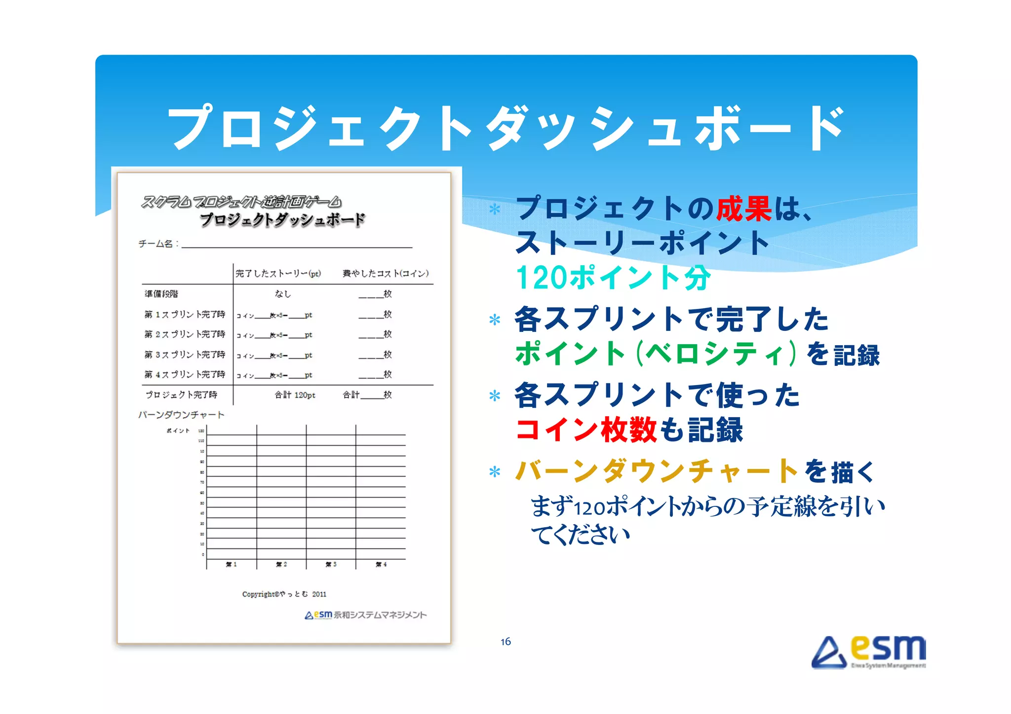 プロジェクトダッシュボード
      ∗ プロジェクトの成果は、
        ストーリーポイント
        120ポイント分
      ∗ 各スプリントで完了した
        ポイント(ベロシティ)を記録
      ∗ 各スプリントで使った
        コイン枚数も記録
      ∗ バーンダウンチャートを描く
           まず120ポイントからの予定線を引い
           てください



      16
 