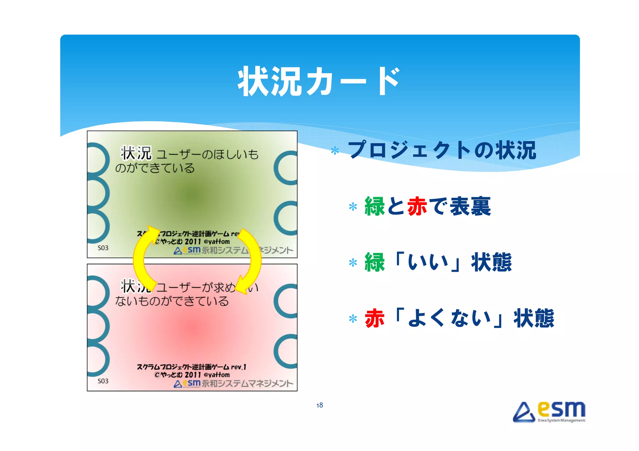 状況カード
       ∗ プロジェクトの状況

       ∗ 緑と赤で表裏

       ∗ 緑「いい」状態

       ∗ 赤「よくない」状態


  18
 