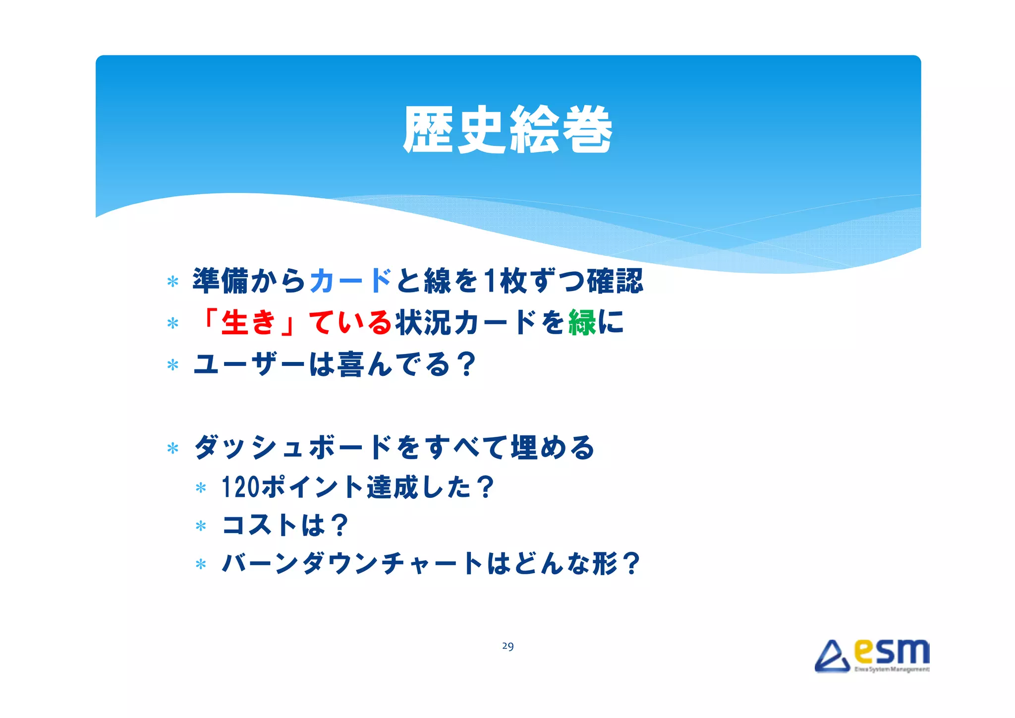 歴史絵巻

∗ 準備からカードと線を1枚ずつ確認
∗ 「生き」ている状況カードを緑に
∗ ユーザーは喜んでる？

∗ ダッシュボードをすべて埋める
 ∗ 120ポイント達成した？
 ∗ コストは？
 ∗ バーンダウンチャートはどんな形？

             29
 