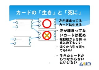 カードの「生き」と「死に」
           ∗ 左が埋まってる
             カードは生きる
           • 左が埋まってな
             いカードは死ぬ
           • 複数枚から分割 or
             まとめてもいい
           • 遠くから引っ張っ
             てもいい
           • 生きたカードか
             らつながらない
      22     といけない
 