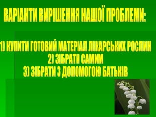 ВАРІАНТИ ВИРІШЕННЯ НАШОЇ ПРОБЛЕМИ: 1) КУПИТИ ГОТОВИЙ МАТЕРІАЛ ЛІКАРСЬКИХ РОСЛИН 2) ЗІБРАТИ САМИМ 3) ЗІБРАТИ З ДОПОМОГОЮ БАТЬКІВ 