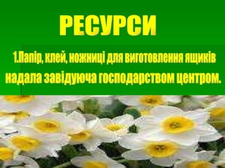 РЕСУРСИ  1.Папір, клей, ножниці для виготовлення ящиків  надала завідуюча господарством центром. 