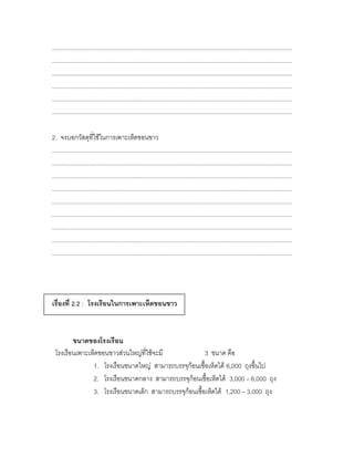 ................................................................................................................................................
................................................................................................................................................
................................................................................................................................................
................................................................................................................................................
................................................................................................................................................
................................................................................................................................................

2. จงบอกวัสดุที่ใช้ในการเพาะเห็ดขอนขาว
................................................................................................................................................
................................................................................................................................................
................................................................................................................................................
................................................................................................................................................
................................................................................................................................................
................................................................................................................................................
................................................................................................................................................
................................................................................................................................................
................................................................................................................................................




เรื่องที่ 2.2 : โรงเรือนในการเพาะเห็ดขอนขาว



         ขนาดของโรงเรือน
  โรงเรือนเพาะเห็ดขอนขาวส่วนใหญ่ที่ใช้จะมี              3 ขนาด คือ
                1. โรงเรือนขนาดใหญ่ สามารถบรรจุก้อนเชื้อเห็ดได้ 6,000 ถุงขึ้นไป
                2. โรงเรือนขนาดกลาง สามารถบรรจุก้อนเชื้อเห็ดได้ 3,000 – 6,000 ถุง
                3. โรงเรือนขนาดเล็ก สามารถบรรจุก้อนเชื้อเห็ดได้ 1,200 – 3,000 ถุง
 