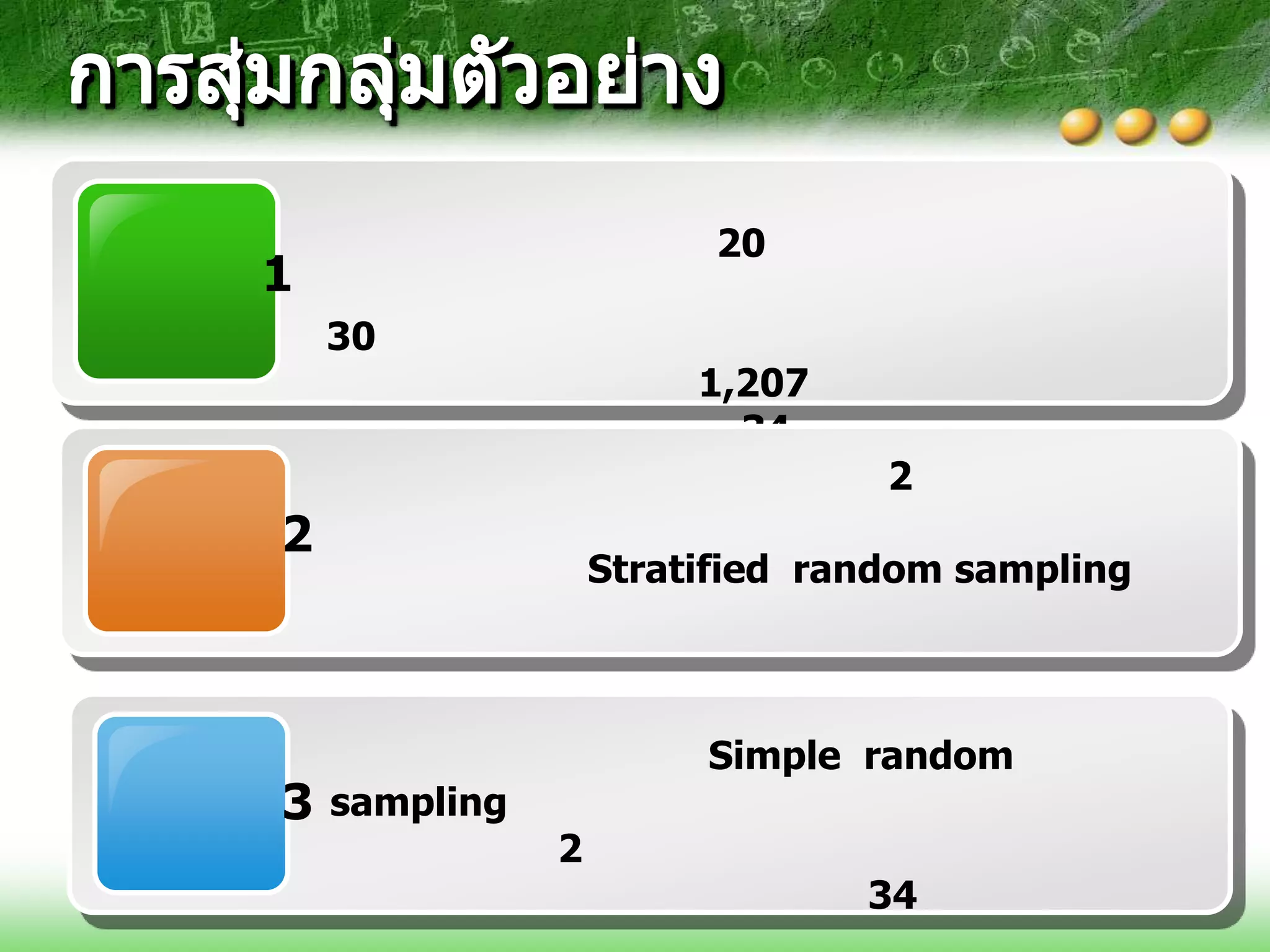 20
1
    30
                            1,207
                              34
                                     2
2
                       Stratified random sampling


         50 - 75
                            Simple random
3   sampling
                   2
                                    34
 