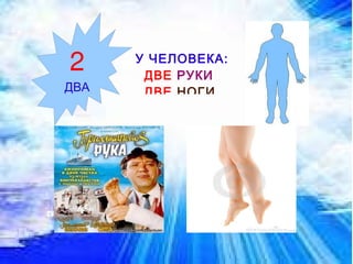 У ЧЕЛОВЕКА: ДВЕ  РУКИ ДВЕ  НОГИ. 2 ДВА 