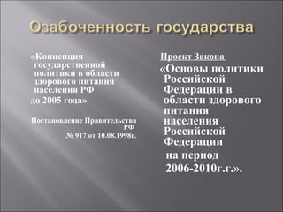 «Концепция  государственной политики в области здорового питания населения РФ  до 2005 года» Постановление Правительства РФ  №  917 от 10.08.1998г. Проект Закона  «Основы политики Российской Федерации в области здорового питания населения Российской Федерации  на период  2006-2010г.г.». 