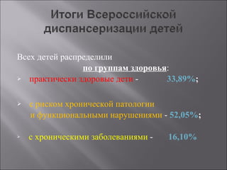 Всех детей распределили  по группам здоровья :  практически здоровые дети  -  33,89% ; с риском хронической патологии  и функциональными нарушениями  -   52,05% ; с хроническими заболеваниями  -  16,10% 
