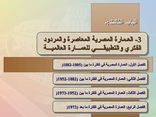 ‫الثالث:ـ‬ ‫الباب‬‫الثالث:ـ‬ ‫الباب‬
33--‫والمردود‬ ‫المعاصرة‬ ‫المصرية‬ ‫العـمارة‬‫والمردود‬ ‫المعاصرة‬ ‫المصرية‬ ‫العـمارة‬
‫العالميـــة‬ ‫للعمـــارة‬ ‫والتطبيقـــــي‬ ‫الفكري‬‫العالميـــة‬ ‫للعمـــارة‬ ‫والتطبيقـــــي‬ ‫الفكري‬
33--‫والمردود‬ ‫المعاصرة‬ ‫المصرية‬ ‫العـمارة‬‫والمردود‬ ‫المعاصرة‬ ‫المصرية‬ ‫العـمارة‬
‫العالميـــة‬ ‫للعمـــارة‬ ‫والتطبيقـــــي‬ ‫الفكري‬‫العالميـــة‬ ‫للعمـــارة‬ ‫والتطبيقـــــي‬ ‫الفكري‬
) ‫بين‬ ‫ما‬ ‫الفترة‬ ‫في‬ ‫المصرية‬ ‫العمارة‬ :‫الول‬ ‫الفصل‬) ‫بين‬ ‫ما‬ ‫الفترة‬ ‫في‬ ‫المصرية‬ ‫العمارة‬ :‫الول‬ ‫الفصل‬18051805--18821882)) ) ‫بين‬ ‫ما‬ ‫الفترة‬ ‫في‬ ‫المصرية‬ ‫العمارة‬ :‫الول‬ ‫الفصل‬) ‫بين‬ ‫ما‬ ‫الفترة‬ ‫في‬ ‫المصرية‬ ‫العمارة‬ :‫الول‬ ‫الفصل‬18051805--18821882))
) ‫بين‬ ‫ما‬ ‫الفترة‬ ‫في‬ ‫المصرية‬ ‫العمارة‬ :‫الثاشني‬ ‫الفصل‬) ‫بين‬ ‫ما‬ ‫الفترة‬ ‫في‬ ‫المصرية‬ ‫العمارة‬ :‫الثاشني‬ ‫الفصل‬18821882--19521952)) ) ‫بين‬ ‫ما‬ ‫الفترة‬ ‫في‬ ‫المصرية‬ ‫العمارة‬ :‫الثاشني‬ ‫الفصل‬) ‫بين‬ ‫ما‬ ‫الفترة‬ ‫في‬ ‫المصرية‬ ‫العمارة‬ :‫الثاشني‬ ‫الفصل‬18821882--19521952))
) ‫بين‬ ‫ما‬ ‫الفترة‬ ‫في‬ ‫المصرية‬ ‫العمارة‬ :‫الثالث‬ ‫الفصل‬) ‫بين‬ ‫ما‬ ‫الفترة‬ ‫في‬ ‫المصرية‬ ‫العمارة‬ :‫الثالث‬ ‫الفصل‬19521952--19731973)) ) ‫بين‬ ‫ما‬ ‫الفترة‬ ‫في‬ ‫المصرية‬ ‫العمارة‬ :‫الثالث‬ ‫الفصل‬) ‫بين‬ ‫ما‬ ‫الفترة‬ ‫في‬ ‫المصرية‬ ‫العمارة‬ :‫الثالث‬ ‫الفصل‬19521952--19731973))
) ‫بعد‬ ‫ما‬ ‫الفترة‬ ‫في‬ ‫المصرية‬ ‫العمارة‬ :‫الرابع‬ ‫الفصل‬) ‫بعد‬ ‫ما‬ ‫الفترة‬ ‫في‬ ‫المصرية‬ ‫العمارة‬ :‫الرابع‬ ‫الفصل‬19731973)) ) ‫بعد‬ ‫ما‬ ‫الفترة‬ ‫في‬ ‫المصرية‬ ‫العمارة‬ :‫الرابع‬ ‫الفصل‬) ‫بعد‬ ‫ما‬ ‫الفترة‬ ‫في‬ ‫المصرية‬ ‫العمارة‬ :‫الرابع‬ ‫الفصل‬19731973))
 