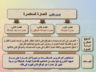 :‫الثاني‬ ‫البــاب‬:‫الثاني‬ ‫البــاب‬‫المعاصرة‬ ‫العمارة‬‫المعاصرة‬ ‫العمارة‬ :‫الثاني‬ ‫البــاب‬:‫الثاني‬ ‫البــاب‬‫المعاصرة‬ ‫العمارة‬‫المعاصرة‬ ‫العمارة‬
‫المنهج‬‫المنهج‬
‫المقترح‬‫المقترح‬
‫لدراسة‬‫لدراسة‬
‫العمارة‬‫العمارة‬
‫المنهج‬‫المنهج‬
‫المقترح‬‫المقترح‬
‫لدراسة‬‫لدراسة‬
‫العمارة‬‫العمارة‬
**‫الفترة‬ ‫لعمارة‬ ‫المحدد‬ ‫النظري‬ ‫الطار‬ ‫رشكلت‬ ‫التي‬ ‫والدوافع‬ ‫المستجدات‬ ‫أهم‬ ‫إلى‬ ‫التعرض‬‫الفترة‬ ‫لعمارة‬ ‫المحدد‬ ‫النظري‬ ‫الطار‬ ‫رشكلت‬ ‫التي‬ ‫والدوافع‬ ‫المستجدات‬ ‫أهم‬ ‫إلى‬ ‫التعرض‬..
**‫الفرعية‬ ‫اتجاهاتها‬ ‫ملمح‬ ‫أهم‬ ‫وعرض‬ ،‫للعمارة‬ ‫العامة‬ ‫الفلسفة‬ ‫طرح‬‫الفرعية‬ ‫اتجاهاتها‬ ‫ملمح‬ ‫أهم‬ ‫وعرض‬ ،‫للعمارة‬ ‫العامة‬ ‫الفلسفة‬ ‫طرح‬..
**‫رشكلتها‬ ‫التي‬ ‫والدوافع‬ ‫المستجدات‬ ‫ضوء‬ ‫في‬ ‫الفترة‬ ‫لعمارة‬ ‫والنقاد‬ ‫المعماريين‬ ‫تحليل‬‫رشكلتها‬ ‫التي‬ ‫والدوافع‬ ‫المستجدات‬ ‫ضوء‬ ‫في‬ ‫الفترة‬ ‫لعمارة‬ ‫والنقاد‬ ‫المعماريين‬ ‫تحليل‬..
**‫الفترة‬ ‫لعمارة‬ ‫المحدد‬ ‫النظري‬ ‫الطار‬ ‫رشكلت‬ ‫التي‬ ‫والدوافع‬ ‫المستجدات‬ ‫أهم‬ ‫إلى‬ ‫التعرض‬‫الفترة‬ ‫لعمارة‬ ‫المحدد‬ ‫النظري‬ ‫الطار‬ ‫رشكلت‬ ‫التي‬ ‫والدوافع‬ ‫المستجدات‬ ‫أهم‬ ‫إلى‬ ‫التعرض‬..
**‫الفرعية‬ ‫اتجاهاتها‬ ‫ملمح‬ ‫أهم‬ ‫وعرض‬ ،‫للعمارة‬ ‫العامة‬ ‫الفلسفة‬ ‫طرح‬‫الفرعية‬ ‫اتجاهاتها‬ ‫ملمح‬ ‫أهم‬ ‫وعرض‬ ،‫للعمارة‬ ‫العامة‬ ‫الفلسفة‬ ‫طرح‬..
**‫رشكلتها‬ ‫التي‬ ‫والدوافع‬ ‫المستجدات‬ ‫ضوء‬ ‫في‬ ‫الفترة‬ ‫لعمارة‬ ‫والنقاد‬ ‫المعماريين‬ ‫تحليل‬‫رشكلتها‬ ‫التي‬ ‫والدوافع‬ ‫المستجدات‬ ‫ضوء‬ ‫في‬ ‫الفترة‬ ‫لعمارة‬ ‫والنقاد‬ ‫المعماريين‬ ‫تحليل‬..
‫الول‬ ‫الفصل‬‫الول‬ ‫الفصل‬::
‫الحداثة‬ ‫عمارة‬
‫الول‬ ‫الفصل‬‫الول‬ ‫الفصل‬::
‫الحداثة‬ ‫عمارة‬
‫الهـــــدف‬‫الهـــــدف‬‫الهـــــدف‬‫الهـــــدف‬
‫حــــدة‬ ‫على‬ ‫عمــــارة‬ ‫كل‬ ‫تجربة‬ ‫من‬ ‫المستفـــــادة‬ ‫الدروس‬ ‫أهم‬ ‫استخل ص‬‫حــــدة‬ ‫على‬ ‫عمــــارة‬ ‫كل‬ ‫تجربة‬ ‫من‬ ‫المستفـــــادة‬ ‫الدروس‬ ‫أهم‬ ‫استخل ص‬،،
‫درجة‬ ‫من‬ ‫المنبثقة‬ ،‫الهامة‬ ‫القاعدية‬ ‫المفاهيم‬ ‫من‬ ‫د‬ٍ ‫بعد‬ ‫منها‬ ‫للخروج‬ ‫ا‬ً ‫تمهيد‬‫درجة‬ ‫من‬ ‫المنبثقة‬ ،‫الهامة‬ ‫القاعدية‬ ‫المفاهيم‬ ‫من‬ ‫د‬ٍ ‫بعد‬ ‫منها‬ ‫للخروج‬ ‫ا‬ً ‫تمهيد‬
‫ظله‬ ‫في‬ ‫ظهرت‬ ‫الذي‬ ‫الواقع‬ ‫عن‬ ‫عمارة‬ ‫كل‬ ‫تعبير‬‫ظله‬ ‫في‬ ‫ظهرت‬ ‫الذي‬ ‫الواقع‬ ‫عن‬ ‫عمارة‬ ‫كل‬ ‫تعبير‬..
‫حــــدة‬ ‫على‬ ‫عمــــارة‬ ‫كل‬ ‫تجربة‬ ‫من‬ ‫المستفـــــادة‬ ‫الدروس‬ ‫أهم‬ ‫استخل ص‬‫حــــدة‬ ‫على‬ ‫عمــــارة‬ ‫كل‬ ‫تجربة‬ ‫من‬ ‫المستفـــــادة‬ ‫الدروس‬ ‫أهم‬ ‫استخل ص‬،،
‫درجة‬ ‫من‬ ‫المنبثقة‬ ،‫الهامة‬ ‫القاعدية‬ ‫المفاهيم‬ ‫من‬ ‫د‬ٍ ‫بعد‬ ‫منها‬ ‫للخروج‬ ‫ا‬ً ‫تمهيد‬‫درجة‬ ‫من‬ ‫المنبثقة‬ ،‫الهامة‬ ‫القاعدية‬ ‫المفاهيم‬ ‫من‬ ‫د‬ٍ ‫بعد‬ ‫منها‬ ‫للخروج‬ ‫ا‬ً ‫تمهيد‬
‫ظله‬ ‫في‬ ‫ظهرت‬ ‫الذي‬ ‫الواقع‬ ‫عن‬ ‫عمارة‬ ‫كل‬ ‫تعبير‬‫ظله‬ ‫في‬ ‫ظهرت‬ ‫الذي‬ ‫الواقع‬ ‫عن‬ ‫عمارة‬ ‫كل‬ ‫تعبير‬..
‫الثاني‬ ‫الفصل‬‫الثاني‬ ‫الفصل‬::
‫المتطورة‬ ‫الحداثة‬ ‫عمارة‬
‫الثاني‬ ‫الفصل‬‫الثاني‬ ‫الفصل‬::
‫المتطورة‬ ‫الحداثة‬ ‫عمارة‬
‫الثاني‬ ‫الفصل‬‫الثاني‬ ‫الفصل‬::
‫الحداثة‬ ‫بعد‬ ‫ما‬ ‫عمارة‬
‫الثاني‬ ‫الفصل‬‫الثاني‬ ‫الفصل‬::
‫الحداثة‬ ‫بعد‬ ‫ما‬ ‫عمارة‬
 