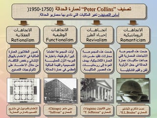 تصنيف  “ Peter Collins”  لعمارة الحداثة   (1750-1950 ( أساس التصنيف :   تغير المثاليات التي نادى بها معماريو الحداثة . الاتجاهـــات الرومانتيكية Romanticism اتجـــاهـــات إحيــاء الطرز Revivalism الاتجاهـات الوظيفية Functionalism الاتجاهــات العقلانية Rationalism ضمت هذه المجموعــــة الاتجاهات المعمارية التي صاغت مثاليـــات عمارة الحداثة في جعل الأولوية للفن والقيم التشكيليــــــة   ضمت هذه المجموعــــــة محاولات تقليد مفــــردات العمارة الكلاسيكية، بهدف العودة إلى روحانيـــــــات هذه العصور المثاليـــــة . أولت المجموعة اهتماماً كبيراً بالوظيفة، باعتبارها الموجه الأول للعمليـــــــــة التصميمية والقيمة المثالية العظمى في عمارة الحداثة . تصور العقلانيون العمارة المثالية في الاهتمام بالهيكل الإنشائي وخفض التكلفـــة ، من خلال الاعتمـــــاد على تكنولوجيات التصنيع . نصب تذكاري لأينشتين للمعماري  “ E.L.Boulee”. مبنى الكابيتول   ( Virginia) للمعماري  “ T. Jefferson” مبنى متجر   ( Chicago)   للمعماري  “ Sullivan” الاهتمام بالموديول في مشاريع التصميم بالمدارس المعمارية 