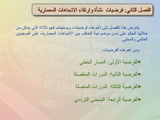 الفصل الثاني :  فرضيات  نشأة وارتقاء الاتجاهات المعمارية يتعرض هذا الفصل إلى أهم هذه فرضيات، ويستهدف فهم الأداة التي يمكن من خلالها الحكم على مدى موضوعية التعاقب بين الاتجاهات المعمارية، على الصعيدين العالمي والمحلي . الفرضية الأولى :  المسار الخطي الفرضية الثانية :  الدورات المنفصلة الفرضية الثالثة :  الدورات المتصلة الفرضية الرابعة :  المنحنى الترددي ومن أهم هذه الفرضيات : 
