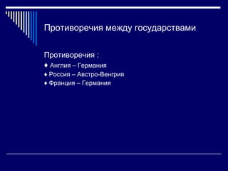 Противоречия между государствами Противоречия : ♦  Англия – Германия ♦  Россия – Австро-Венгрия ♦  Франция – Германия 