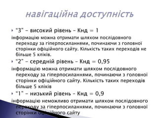 “ 3” - високий рівень – Кнд = 1  інформацію можна отримати шляхом послідовного переходу за гіперпосиланнями, починаючи з головної сторінки офіційного сайту. Кількість таких переходів не більше 5 кліків. “ 2” - середній рівень – Кнд = 0,95  інформацію можна отримати шляхом послідовного переходу за гіперпосиланнями, починаючи з головної сторінки офіційного сайту. Кількість таких переходів більше 5 кліків “ 1” - низький рівень – Кнд = 0,9 інформацію неможливо отримати шляхом послідовного переходу за гіперпосиланнями, починаючи з головної сторінки офіційного сайту 