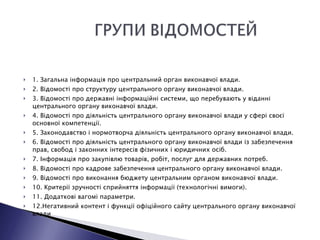 1. Загальна інформація про центральний орган виконавчої влади. 2. Відомості про структуру центрального органу виконавчої влади. 3. Відомості про державні інформаційні системи, що перебувають у віданні центрального органу виконавчої влади. 4. Відомості про діяльність центрального органу виконавчої влади у сфері своєї основної компетенції. 5. Законодавство і нормотворча діяльність центрального органу виконавчої влади. 6. Відомості про діяльність центрального органу виконавчої влади із забезпечення прав, свобод і законних інтересів фізичних і юридичних осіб. 7. Інформація про закупівлю товарів, робіт, послуг для державних потреб. 8. Відомості про кадрове забезпечення центрального органу виконавчої влади. 9. Відомості про виконання бюджету центральним органом виконавчої влади. 10. Критерії зручності сприйняття інформації (технологічні вимоги). 11. Додаткові вагомі параметри. 12.Негативний контент і функції офіційного сайту центрального органу виконавчої влади 