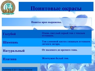 Поинтовые окрасы

                              Поинты ярко выражены.



Голубой                              Очень светлый серый тон с теплым
                                     оттенком.

Шампань                              Тон слоновой кости с нежным оттенком
                                     легкого загара.

Натуральный                          От палевого до кремого тона.


Платина                              Жемчужно белый тон.



Tonkinese © 2011 Olesya Kolosova
 
