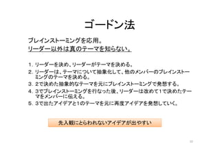 ゴードン法
ブレインストーミングを応用。
リーダー以外は真のテーマを知らない。

１．リーダーを決め、リーダーがテーマを決める。
２．リーダーは、テーマについて抽象化して、他のメンバーのブレインストー
  ミングのテーマを決める。
３．２で決めた抽象的なテーマを元にブレインストーミングで発想する。
４．３でブレインストーミングを行なった後、リーダーは改めて１で決めたテー
  マをメンバーに伝える。
５．３で出たアイデアと１のテーマを元に再度アイデアを発想していく。


      先入観にとらわれないアイデアが出やすい


                                   10
 
