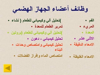 وظائف أعضاء الجهاز الهضمي تحليل آلي وكيميائي للطعام  (  نشاء )   تمرير الطعام للمعدة تحليل آلي وكيميائي للطعام  ( بروتين ) تحليل كيميائي  -  دهون تحليل كيميائي وامتصاص وحدات البناء امتصاص الماء وإفراز الفضلات الفم المريء المعدة الاثنى عشر الامعاء الدقيقة الامعاء الغليظة 