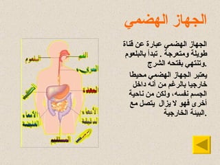 الجهاز الهضمي الجهاز الهضمي عبارة عن قناة طويلة ومتعرجة  .  تبدأ بالبلعوم وتنتهي بفتحه الشرج . يعتبر الجهاز الهضمي محيطا خارجيا بالرغم من أنه داخل الجسم نفسه، ولكن من ناحية أخرى فهو لا يزال  يتصل مع البيئة الخارجية . 
