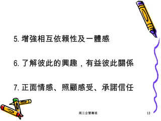 5. 增強相互依賴性及一體感 6. 了解彼此的興趣，有益彼此關係 7. 正面情感、照顧感受、承諾信任 周三企管專班 