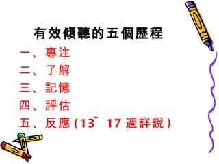 有效傾聽的五個歷程 一、專注 二、了解 三、記憶 四、評估 五、反應 (13~17 週詳說 ) 