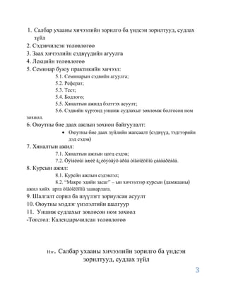 1. Салбар ухааны хичээлийн зорилго ба үндсэн зорилтууд, судлах
    зүйл
2. Сэдэвчилсэн төлөвлөгөө
3. Заах хичээлийн сэдвүүдийн агуулга
4. Лекцийн төлөвлөгөө
5. Семинар буюу практикийн хичээл:
                5.1. Семинарын сэдвийн агуулга;
                5.2. Реферат;
                5.3. Тест;
                5.4. Бодлого;
                5.5. Хяналтын ажилд бэлтгэх асуулт;
                5.6. Сэдвийн хүрээнд уншиж судлахыг зөвлөмж болгосон ном
зохиол.
6. Оюутны бие даах ажлын зохион байгуулалт:
                      Оюутны бие даах зүйлийн жагсаалт сэдвүүд, тэдгээрийн
                      дэд сэдэв
7. Хяналтын ажил:
                7.1. Хяналтын ажлын цогц сэдэв;
                7.2. Õÿíàëòûí àæèë ã¿éöýòãýõ àðãà òîãòîëöîîíû çààâàðëàãà.
8. Курсын ажил:
           8.1. Курсйн ажлын сэдэвлэл;
           8.2. “Макро эдийн засаг” – ын хичээлээр курсын дамжааны
ажил хийх арга òîãòîëöîîíû зааварлага.
9. Шалгалт сорил ба шүүлэгт зориулсан асуулт
10. Оюутны мэдлэг үнэлэлтийн шалгуур
11. Уншиж судлахыг зөвлөсөн ном зохиол
-Төгсгөл: Календарьчилсан төлөвлөгөө




            . Салбар ухааны хичээлийн зорилго ба үндсэн
          Нэг
                            зорилтууд, судлах зүйл
                                                                            3
 