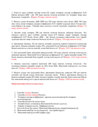 1. Хэрэглээ уруу хэлбийх хязгаар төлөв 0,8, харин татварын хязгаар коэффициент 0,25
байгаа нөхцөлд ДНБ - ийг 100 млрд мөнгөн нэгжээр өсгөхийн тул татварыг ямар дүнд
багасгахыг тодорхойл. Хариу: 50 млрд. мөнгөн нэгж. .

2. Монгол улсын боломжит ДНБ 2000 онд 220 млрд мөнгөн нэгж, бодит ДНБ 180 млрд
мөн. нэгж, цэвэр татварын дундаж коэффициент 0,35, төрийн худалдан авалт 25 млрд мөн.
нэгж байсан гэж саная. Төсвийн цикл үлдэгдэл хэдтэй тэнцэхийг тодорхойл. Хариу: 14
млрд. мөнгөн нэгж.

3. Засгийн газар татварыг 200 сая мөнгөн нэгжээр багасгах шийдвэр баталсан. Энэ
нөхцөлд хэрэглээ уруу хэлбийх хязгаар төлөв 0,75 байсан, харин татварын хязгаар
коэффициент 0,33 болов. Болит ДНБ – ийг богино хугацаанд өөрчлөхийн тулд төрийн
худалдан авалтыг ямар хэмжээнд багасгах ѐстой вэ? Хариу: 150 млрд.мөнгөн нэгж .

4. Арилжааны банканд, 50 сая мөнгэн нэгжийн хадгалгаа хөрөнгө дипозит тооцоогоор
орж ирсэн. Банкны нөөцийн ноорм 10%, мөнгөний бэлэн байдлын коэффициет 0,18 байв.
Банкы сиситем нь хэчнээн мөнгийг нэмж бий болгох вэ? Хариу: 210,7 сая мөнгөн нэгж .

5. Төв (үндэсний) банк мөнгөний нийлүүлэлтийг 330 млрд мөнгөн нэгжээр нэмэгдүүлэх
шийдвэр гаргасан. Мөнгөний бэлэн байдлын коэффициент 0,3, харин нөөцийн ноорм 15%
болох нөхцөлд мөнгөний бааз суурийг хэдээр нэмэгдүүлэх вэ? Хариу: 114,2 млрд мөнгөн
нэгж .

6. Банкны хадгалгаа хөрөнгө дипозит 200 млрд мөнгөн нэгжээр нэмэглсэн. Энэ
хугацаанд банкны нөөцийн ноорм нь 20% болж байв. Мөнгөний нийлүүлэлт хэд болж
өсөх вэ? Хариу: 1000 сая мөнгөн нэгж .

7. Монгол улсын төв (үндэсний) банк, арилжааны банкуудад зориулан 500 сая мөнгөн
нэгжийн дүн бүхий улсын облигацыг худалдан авсан. Хэрвээ, арилжааны банкууд нь
банкны нөөцийн ноорм 20% байх нөхцөлд өөрийн зээлийн мөнгийг бүрэн ашиглаж байгаа
бол мөнгөний нийлүүлэлт хэрхэн өөрчлөгдөж болох вэ? Хариу: 2500 сая мөнгөн нэгж .

Хяналтын ажилд бэлтгэх асуултууд:



   1. Сангийн дискрец бодлого.
   2. Сангийн автомат өөрөө бодлого.
   3. Татварын хязгаар коэффициент, зардлын мультипликатор ба татварын
      мультипликатор.
   4. Сангийн бодлого ба улсын төсөв.
   5. Төсвийн бодит, потенциаль боломжит ба мөчлөг үлдэгдэл.
   6. Төрийн татварын систем. Лафферын шугам.
   7. Бэлэн ба бэлэн бус мөнгө. Мөнгөний барьцаалагдах чадвар ликвидность .
   8. Мөнгөний нийлбэр хэсгүүд агрегат , тэдгээрийн бүрдэл.
   9. Мөнгөний нийлүүлэлтийн график дүрс.

                                                                                33
 