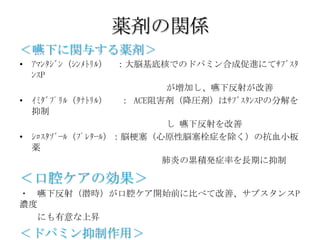 薬剤の関係
＜嚥下に関与する薬剤＞
• ｱﾏﾝﾀｼﾞﾝ（ｼﾝﾒﾄﾘﾙ） ：大脳基底核でのドパミン合成促進にてｻﾌﾞｽﾀ
  ﾝｽP
                         が増加し、嚥下反射が改善
• ｲﾐﾀﾞﾌﾟﾘﾙ（ﾀﾅﾄﾘﾙ） ： ACE阻害剤（降圧剤）はｻﾌﾞｽﾀﾝｽPの分解を
  抑制
                         し 嚥下反射を改善
• ｼﾛｽﾀｿﾞｰﾙ（ﾌﾟﾚﾀｰﾙ）：脳梗塞（心原性脳塞栓症を除く）の抗血小板
  薬
                         肺炎の累積発症率を長期に抑制

＜口腔ケアの効果＞
・ 嚥下反射（潜時）が口腔ケア開始前に比べて改善、サブスタンスP
濃度
  にも有意な上昇
＜ドパミン抑制作用＞
 