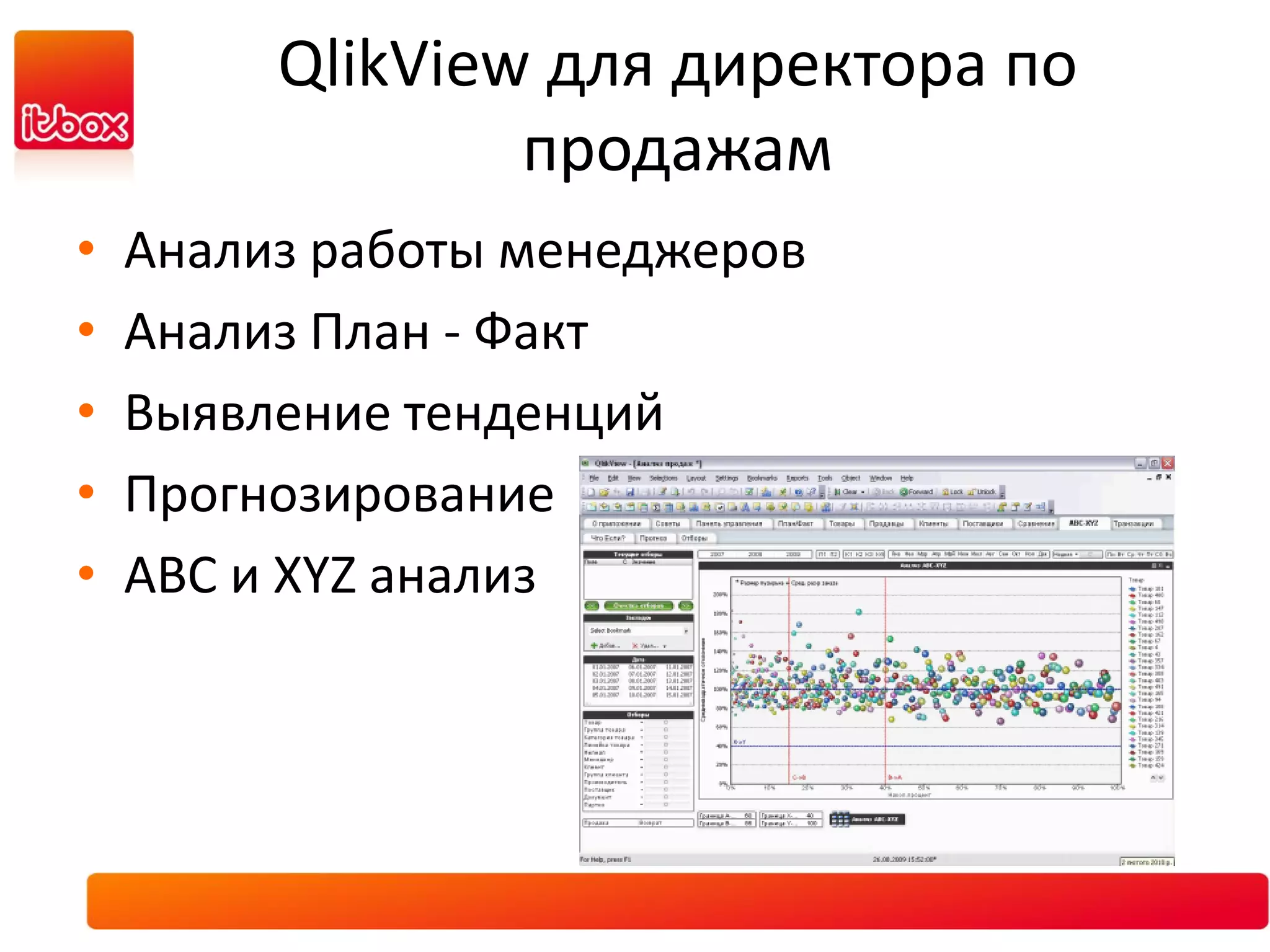 QlikView для директора по
                 продажам
•   Анализ работы менеджеров
•   Анализ План - Факт
•   Выявление тенденций
•   Прогнозирование
•   ABC и XYZ анализ
 