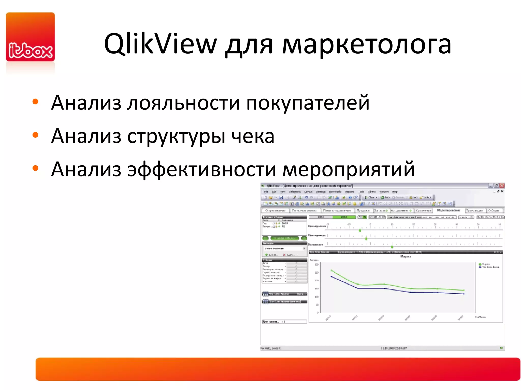 QlikView для маркетолога
• Анализ лояльности покупателей
• Анализ структуры чека
• Анализ эффективности мероприятий
 