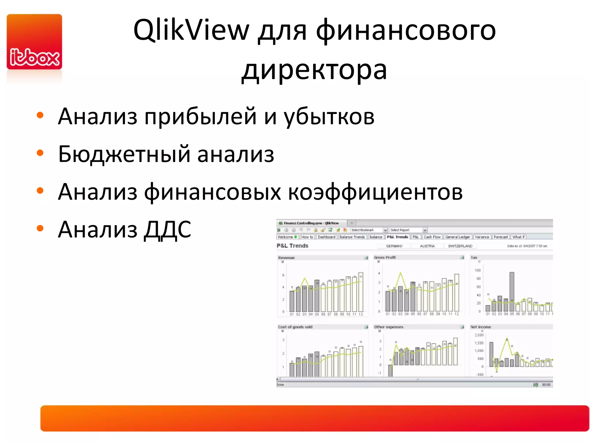 QlikView для финансового
                 директора
•   Анализ прибылей и убытков
•   Бюджетный анализ
•   Анализ финансовых коэффициентов
•   Анализ ДДС
 