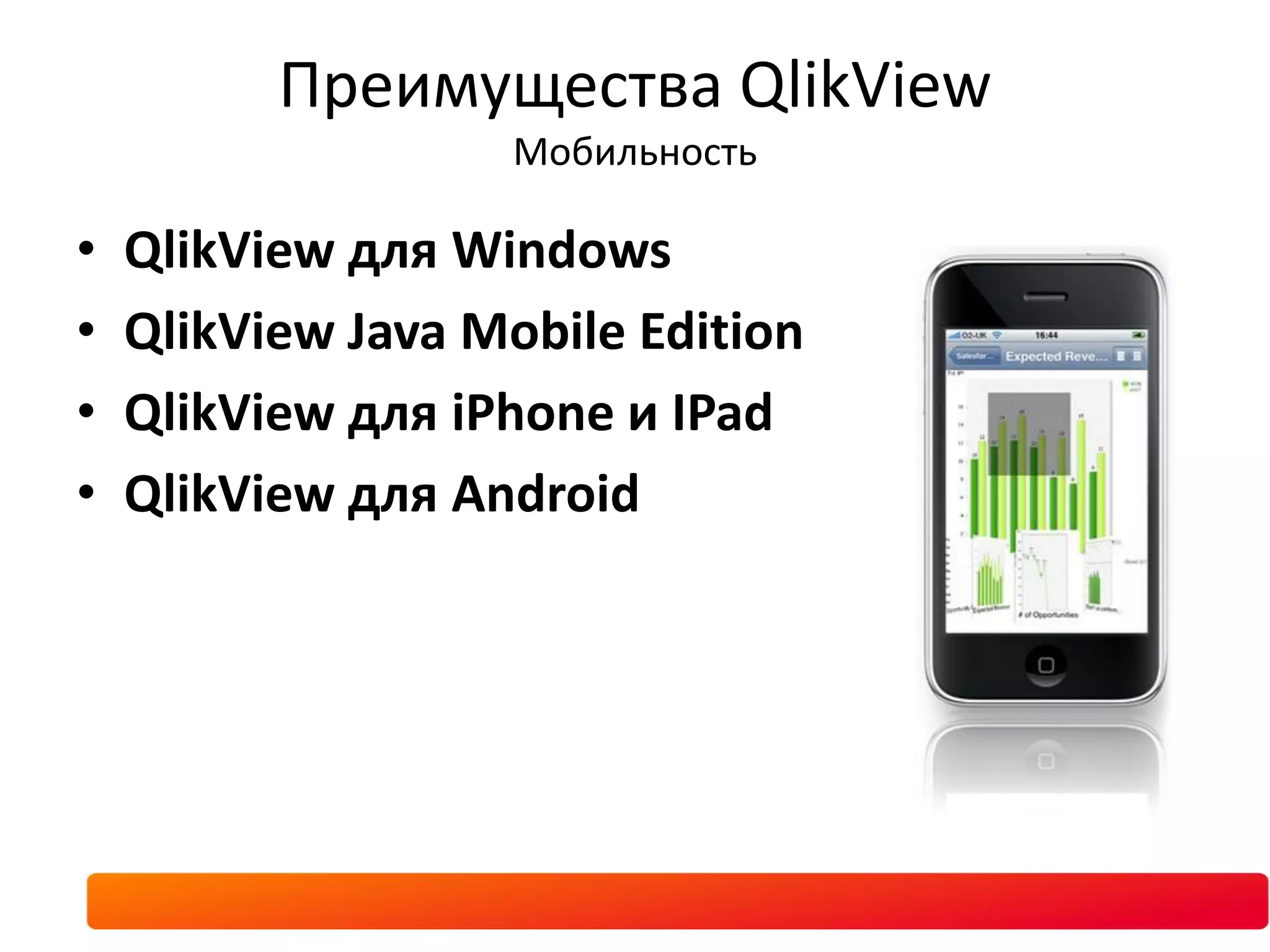 Преимущества QlikView
                    Мобильность

•   QlikView для Windows
•   QlikView Java Mobile Edition
•   QlikView для iPhone и IPad
•   QlikView для Android
 