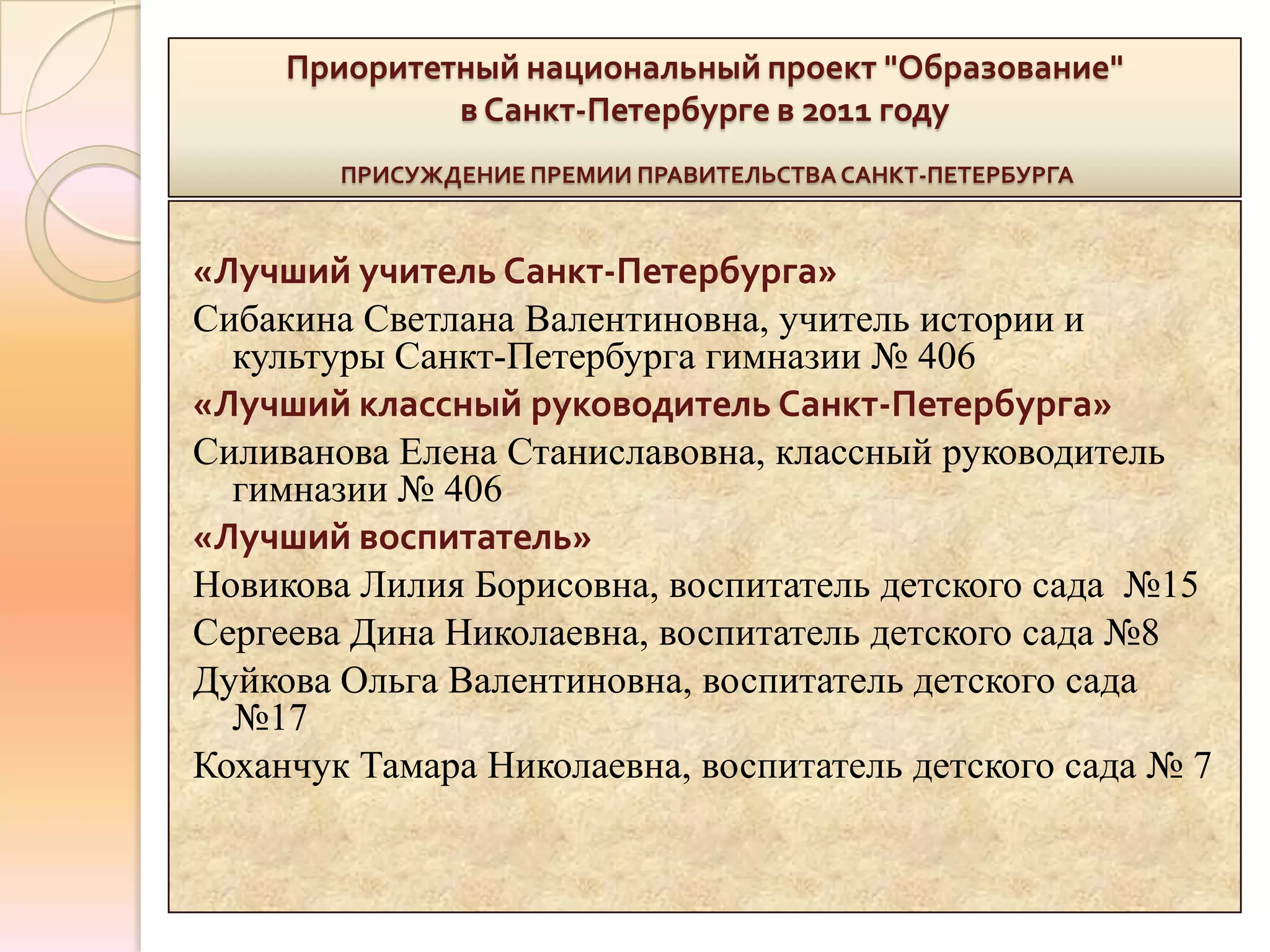 Приоритетный национальный проект "Образование"
              в Санкт-Петербурге в 2011 году
        ПРИСУЖДЕНИЕ ПРЕМИИ ПРАВИТЕЛЬСТВА САНКТ-ПЕТЕРБУРГА



«Лучший учитель Санкт-Петербурга»
Сибакина Светлана Валентиновна, учитель истории и
  культуры Санкт-Петербурга гимназии № 406
«Лучший классный руководитель Санкт-Петербурга»
Силиванова Елена Станиславовна, классный руководитель
  гимназии № 406
«Лучший воспитатель»
Новикова Лилия Борисовна, воспитатель детского сада №15
Сергеева Дина Николаевна, воспитатель детского сада №8
Дуйкова Ольга Валентиновна, воспитатель детского сада
  №17
Коханчук Тамара Николаевна, воспитатель детского сада № 7
 