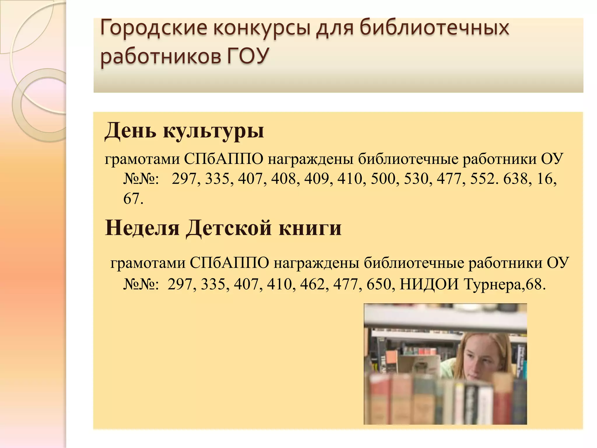 Городские конкурсы для библиотечных
работников ГОУ


День культуры
грамотами СПбАППО награждены библиотечные работники ОУ
  №№: 297, 335, 407, 408, 409, 410, 500, 530, 477, 552. 638, 16,
  67.
Неделя Детской книги
грамотами СПбАППО награждены библиотечные работники ОУ
  №№: 297, 335, 407, 410, 462, 477, 650, НИДОИ Турнера,68.
 