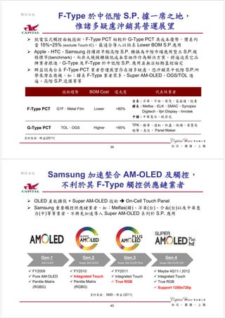 觸控面板
                      F-Type 於中低階 S.P. 據一席之地，
                          惟諸多疑慮沖銷其營運展望
     就電容式觸控面板技術，F-Type PCT 相較於 G-Type PCT 具成本優勢，價差約
     當 15%~25% (exclude Touch IC)，最適合導入以訴求 Lower BOM S.P.應用
     Apple、HTC、Samsung 持續將早期高階 S.P. 轉換為中階市場應用豎立 S.P.規
     格標竿(benchmark)，而非大規模轉換低成本零組件作為解決方案，將逼迫其它品
     牌業者跟進，G-Type 及 F-Type 於中低階 S.P. 應用並無法短期蓋棺論定
     群益認為台系 F-Type PCT 業者營運展望存在諸多疑慮，恐沖銷其中低階 S.P.所
     帶來潛在商機，如：韓系 F-Type 業者眾多、Super AM-OLED、OGS/TOL 進
     逼、高階 S.P.退讓等等

                      技術趨勢           BOM Cost         透光度                    代表性業者

                                                                 台系 : 洋華、介面、熒茂、富晶通、牧東
                                                                 韓系 : Melfas、ELK、SMAC、Synopex
  F-Type PCT        G1F、Metal Film       Lower        >80%
                                                                      Digitech、lljin Display、Innotek
                                                                 中國 : 中華意力、歐菲光

                                                                 TPK、勝華、達虹、和鑫、恆灝、萊寶高
  G-Type PCT          TOL、OGS           Higher        >90%
                                                                 超聲、長信、 Panel Maker

 資料來源 : 群益(2011)

                                                 39




觸控面板
             Samsung 加速整合 AM-OLED 及觸控，
               不利於其 F-Type 觸控供應鏈業者
     OLED 產能擴張 + Super AM-OLED 技術 On-Cell Touch Panel
     Samsung 重要觸控供應鏈業者，如：Melfas(韓)、洋華(台)、介面(台)以及中華意
     力(中)等等業者，不樂見加速導入 Super AM-OLED 系列於 S.P. 應用




         Gen.1                   Gen.2                     Gen.3                  Gen.4
          AM-OLED              Super AM-OLED           Super AM-OLED Plus      Super AM-OLED HD


     FY2009                 FY2010                    FY2011                  Maybe 4Q11 / 2012
     Pure AM-OLED           Integrated Touch          Integrated Touch        Integrated Touch
     Pentile Matrix         Pentile Matrix            True RGB                True RGB
     (RGBG)                 (RGBG)                                            Support 1280x720p
                                      資料來源 : SMD、群益 (2011)


                                                 40
 