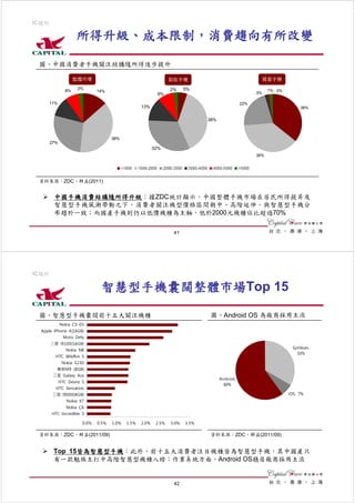 IC設計

                     所得升級、成本限制，消費趨向有所改變

 圖、中國消費者手機關注結構隨所得逐步提升

                     整體市場                                          智能手機                                      國產手機
                      2%                                           2%     5%                                  1% 2%
                8%             14%
                                                            9%                                          3%

     11%                                                                                          22%
                                                    13%                                                                    36%

                                                                                 38%



                                      38%
       27%
                                                           32%
                                                                                                        38%




 資料來源：ZDC、群益(2011)


        中國手機消費結構隨所得升級：據ZDC統計顯示，中國整體手機市場在居民所得提昇及
        智慧型手機風潮帶動之下，消費者關注機型價格區間朝中、高階延伸，與智慧型手機分
        布趨於一致；而國產手機則仍以低價機種為主軸，低於2000元機種佔比超過70%

                                                                    41




IC設計

                                智慧型手機囊闊整體市場Top 15

 圖、智慧型手機囊闊前十五大關注機種                                                                圖、Android OS 為廠商採用主流
             Nokia C5-03
  Apple iPhone 4(16GB)
               Moto Defy
       三星 i9100(16GB)
                                                                                                                       Symbian,
                Nokia N8
                                                                                                                         33%
         HTC Wildfire S
              Nokia 5230
         魅族M9 (8GB)
        三星 Galaxy Ace
                                                                                       Android,
             HTC Desire S
                                                                                         60%
         HTC Sensation
        三星 I9000(8GB)                                                                                                 iOS, 7%
                Nokia X7
                Nokia C6
       HTC Incredible S

                        0.0%   0.5%   1.0%   1.5%   2.0%    2.5%   3.0%   3.5%

 資料來源：ZDC、群益(2011/09)                                                             資料來源：ZDC、群益(2011/09)


        Top 15皆為智慧型手機：此外，前十五大消費者注目機種皆為智慧型手機，其中國產只
        有一款魅族主打中高階智慧型機種入榜；作業系統方面，Android OS穩居廠商採用主流


                                                                    42
 