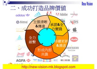 二、成功打造品牌價值

              主張清晰
                傳達 承諾&全
               &傳達 承諾 全
                   力實踐

          全力
          維繫            持續更新
                          溝通
                         &溝通
                 形成內部
                  共識

仲悅企管 www.hrfun.com.tw
     http://new-vision-mk.blogspot.com
 