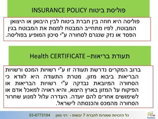‫פוליסת ביטוח ‪INSURANCE POLICY‬‬
   ‫פוליסה היא חוזה בין חברת ביטוח לבין היבואן או היצואן‬
 ‫המבוטח, לפיו מתחייב המבטח לפצות את המבוטח בגין‬
‫הפסד או נזק שנגרם לסחורה ע"י סיכון המופיע בפוליסה.‬


         ‫תעודת בריאות– ‪Health CERTIFICATE‬‬
‫ברוב המקרים נדרשת תעודה זו ע"י רשויות המכס ורשויות‬
‫הבריאות ביבוא מזון. מטרת התעודה היא לוודא כי‬
‫הסחורה המיובאת נבדקה ע"י רשויות הבריאות או‬
‫הפיקוח על המזון בארץ היצוא, והיא ראויה למאכל אדם או‬
‫לשימושים אחרים להם יועדה. העדרה עלול למנוע שחרור‬
                   ‫הסחורה מהמכס והכנסתה לישראל.‬
 ‫91‬                                                               ‫ג'/חשון/תשע"ב‬
         ‫4013776-30‬   ‫כל הזכויות שמורות לחברת 7 יבשות - רני ממן‬
 