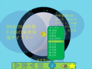 昨年要望の多
                      かった「あそび
                      のヒント」の紹
2012-2013年版       ランダム介や「グループ
                  0. 総記
                      分け表」などを
U-CANの保育実         1.哲学追加して
                  2.歴史
用ダイアリー            3.社会科学
                  4.自然科学
                  5.工学
                  6.産業
                  7.芸術
                  8.言語
                  9.文学

              保育者向け実用
              手帳
                   Ｊ
 