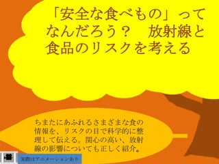 「安全な食べもの」って
     なんだろう？ 放射線と
     食品のリスクを考える



  ちまたにあふれるさまざまな食の
  情報を、リスクの目で科学的に整
  理して伝える。関心の高い、放射
  線の影響についても正しく紹介。
実際はアニメーションあり
 