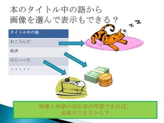 タイトル中の語

ねころんだ

経済

はらへった

・・・・・




        画像と単語の対応表が用意できれば、
            実現ができるかも？
 
