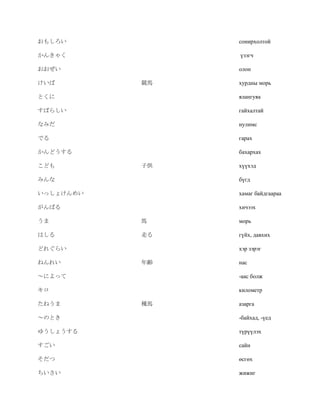 おもしろい           сонирхолтой

かんきゃく           үзэгч

おおぜい            олон

けいば        競馬   хурдны морь

とくに             ялангуяа

すばらしい           гайхалтай

なみだ             нулимс

でる              гарах

かんどうする          бахархах

こども        子供   хүүхэд

みんな             бүгд

いっしょけんめい        хамаг байдгаараа

がんばる            хичээх

うま         馬    морь

はしる        走る   гүйх, давхих

どれぐらい           хэр зэрэг

ねんれい       年齢   нас

～によって           -аас болж

キロ              километр

たねうま       種馬   азарга

～のとき            -байхад, -үед

ゆうしょうする         түрүүлэх

すごい             сайн

そだつ             өсгөх

ちいさい            жижиг
 